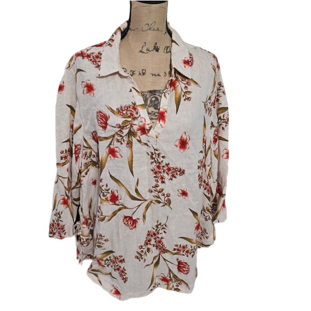 Tahari Linen Beige and Red Boho Floral Tunic Plus Size 2X 3X New!